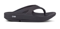 OOFOS OOriginal sandal in black, lateral profile showing the toe post and thong upper