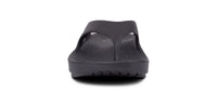 OOFOS OOriginal sandal in black, head-on view of the toe post
