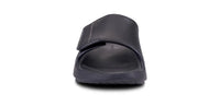 OOFOS Sport Flex slide in matte black, head-on view showing the adjustable strap