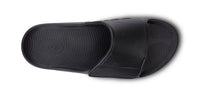 OOFOS Sport Flex slide in matte black, top-down view of the contoured footbed