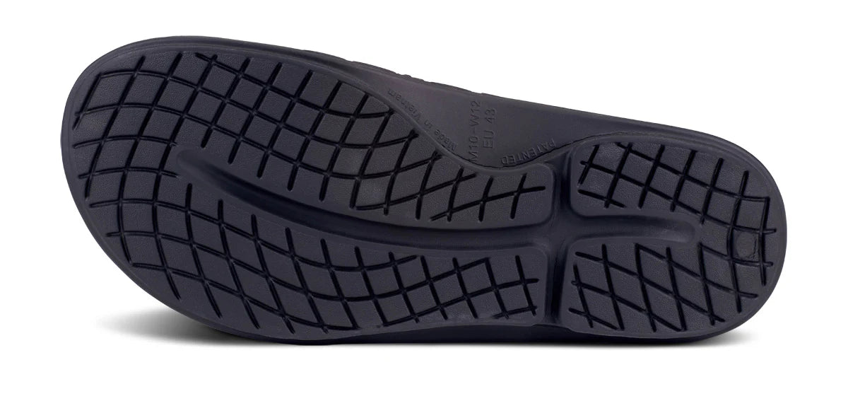 OOFOS Sport Flex slide in matte black, outsole tread pattern