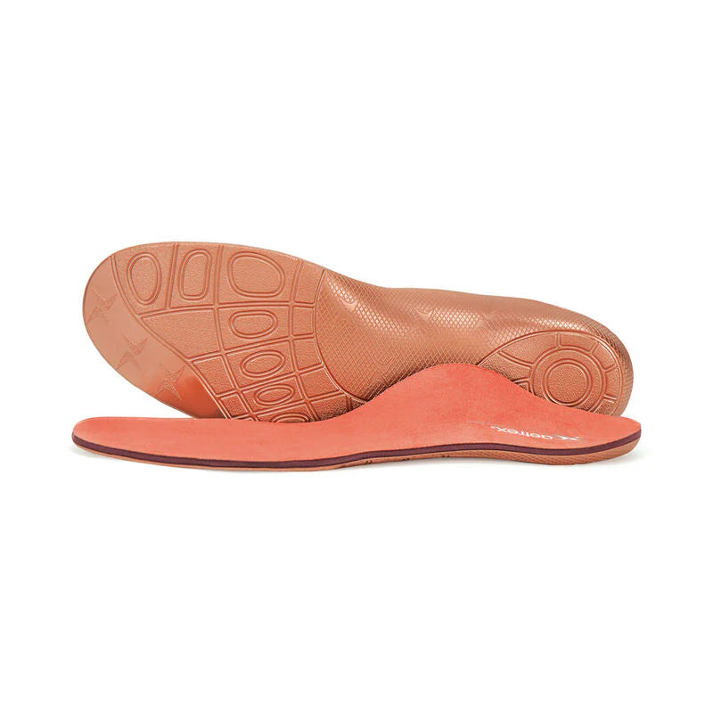 Two Aetrex Premium Memory Foam orthotics showing the teal top cover and the tan base