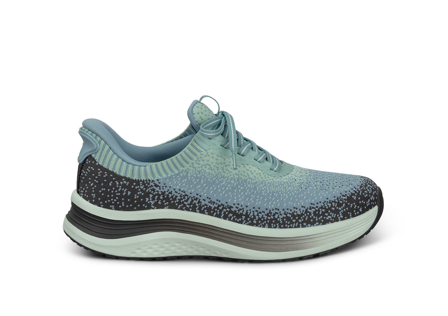 Orthofeet Nira women's hands-free stretch sneaker in green and blue
