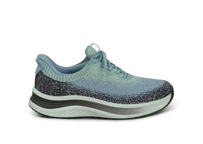 Orthofeet Nira women's hands-free stretch sneaker in green and blue