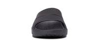 OOFOS OOahh Slide 1100 in black, front view showing forefoot width across the strap
