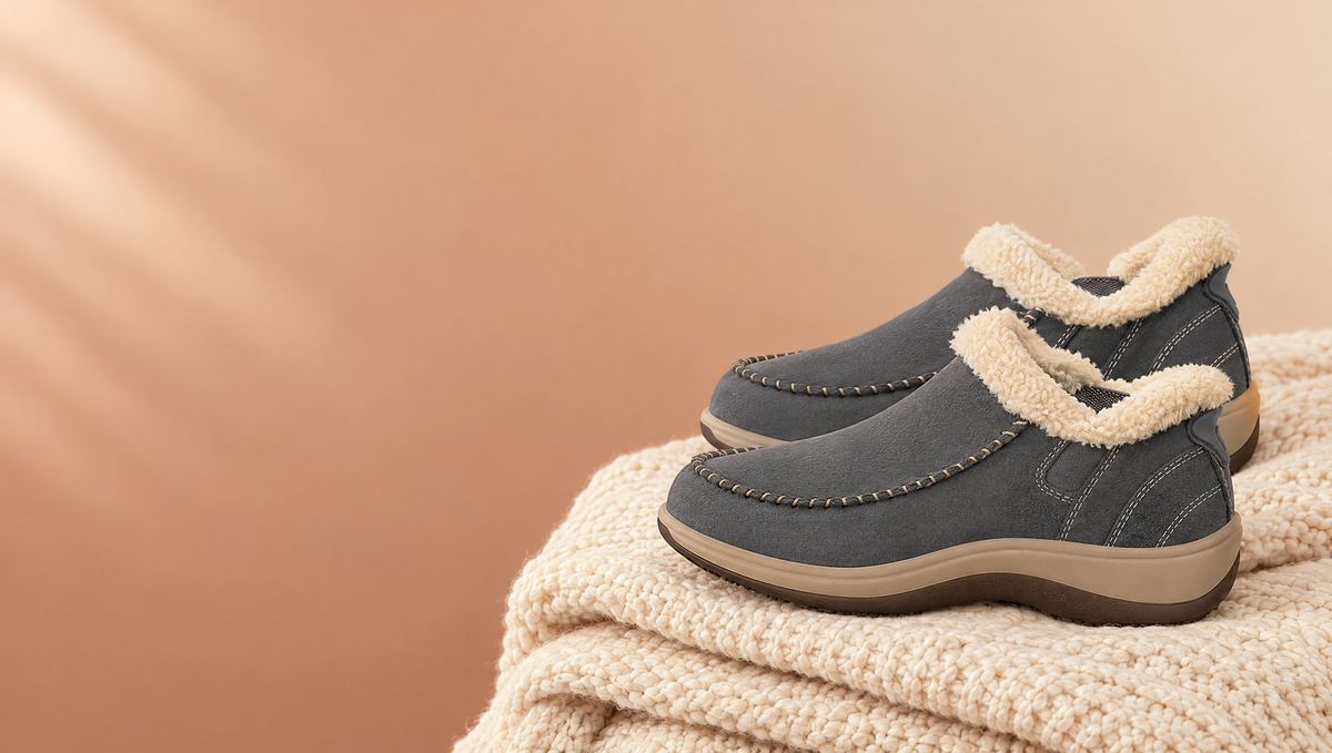 Orthofeet Lorin hands-free slipper in gray suede
