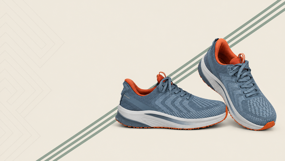 Orthofeet Tilos hands-free sneaker in blue and orange